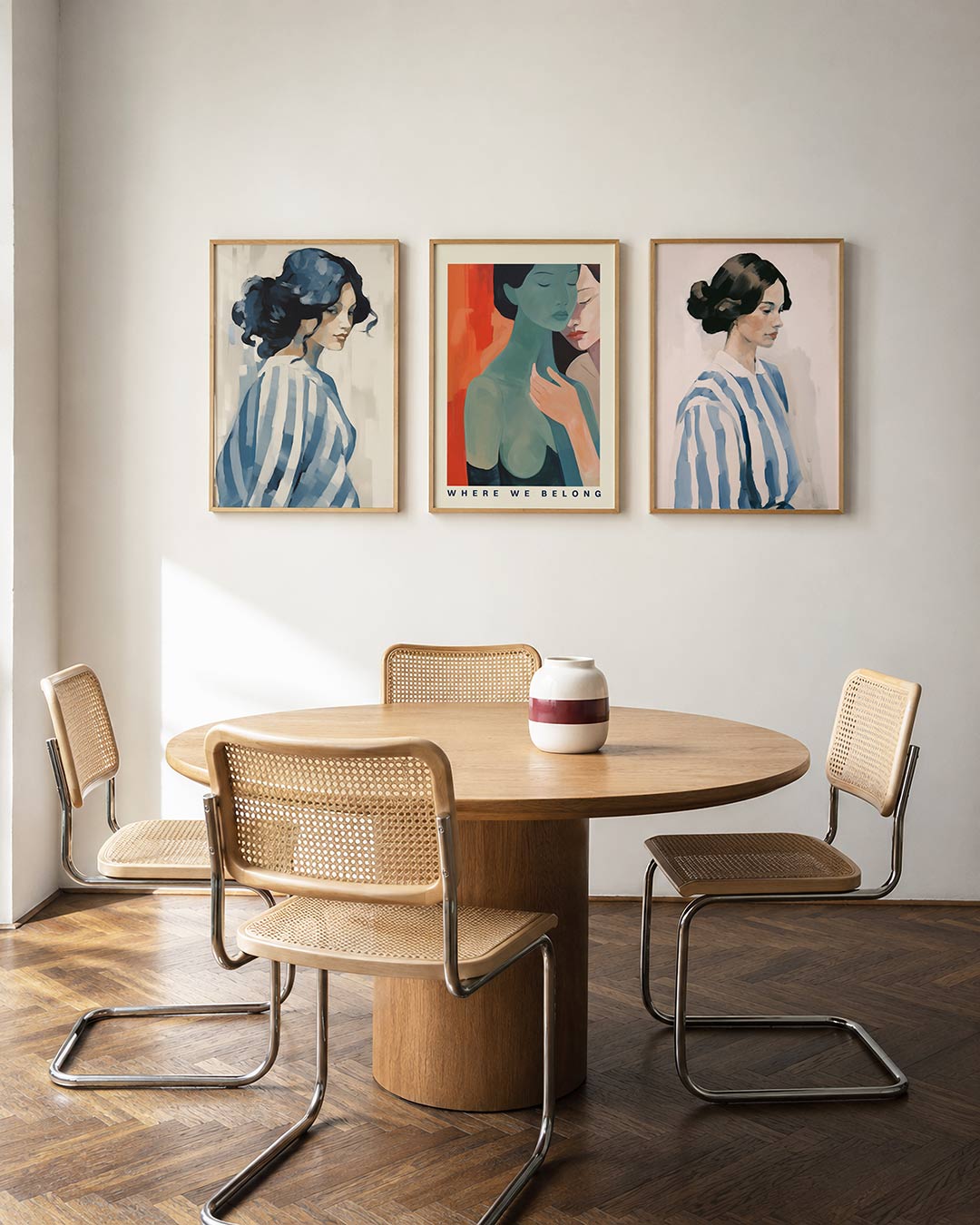 Blauwe strepen harmonie driedelige posterset in interieur