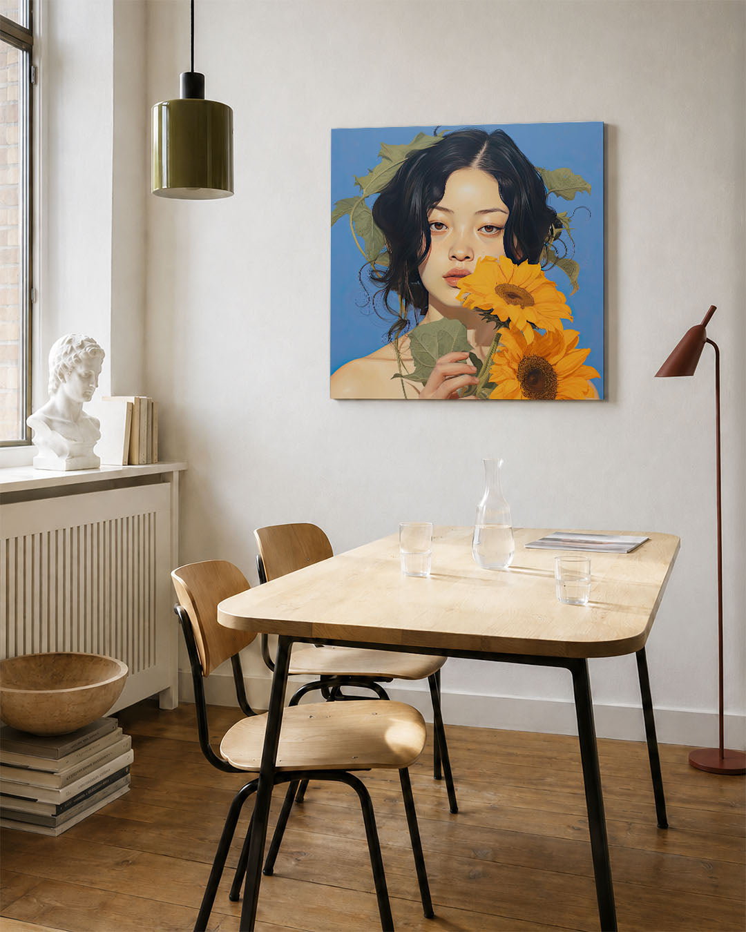 Vrouw met zonnebloemen kunstwerk – vierkante wanddecoratie – dit werk toont een vrouw met donkere haren en zonnebloemen tegen