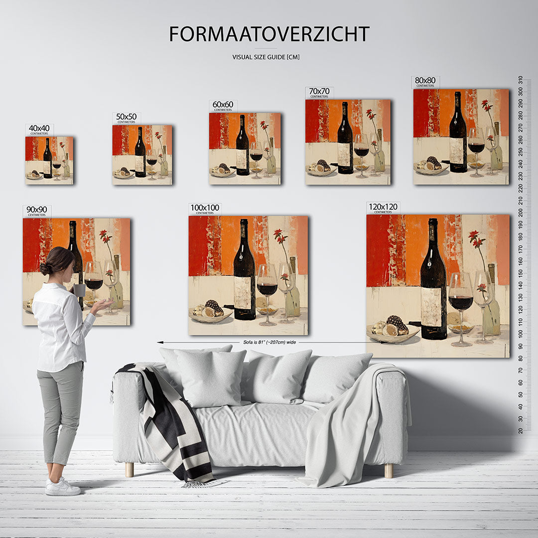 Wijn en bloemen kunstwerk – sfeerbeeld – dit kunstwerk toont een fles wijn en glazen op een tafel, omlijst door warme kleuren