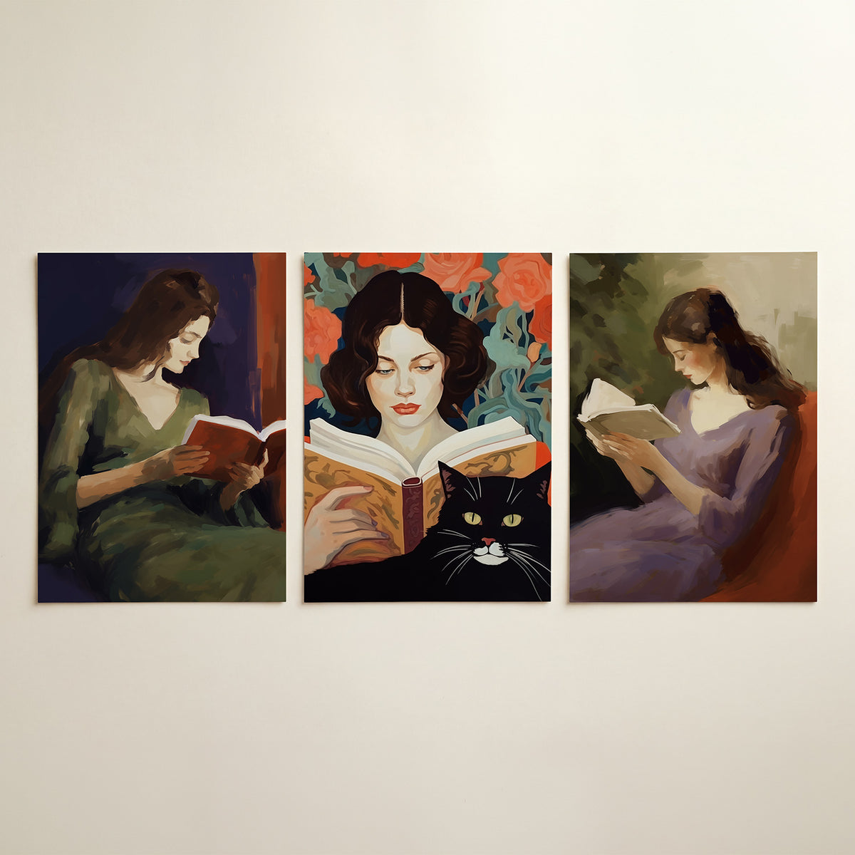 Lezende vrouw driedelige posterset in tweede interieur