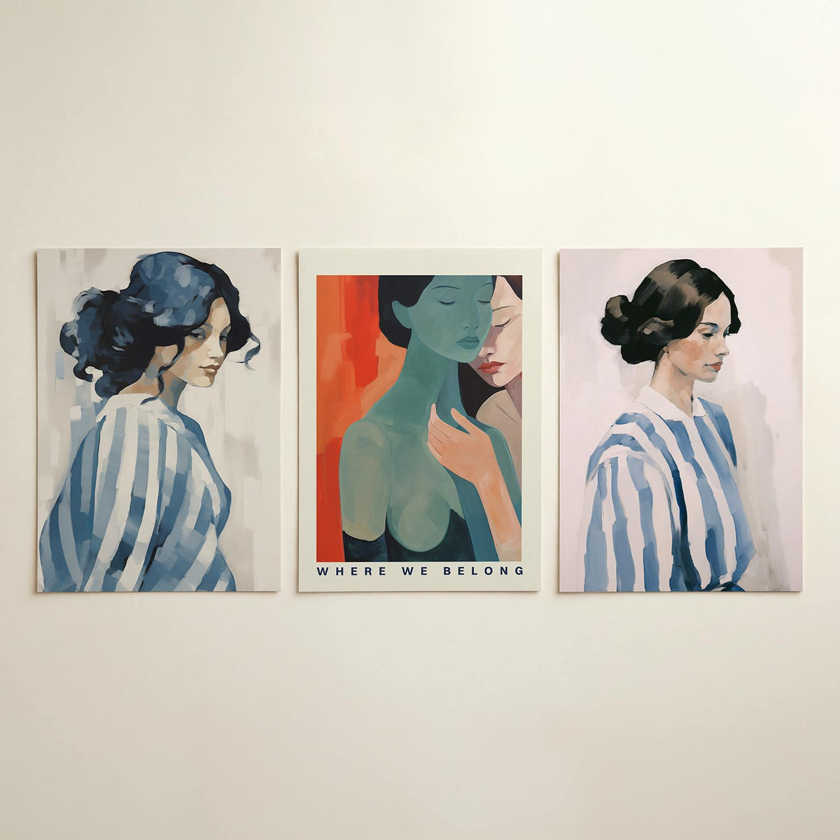 Blauwe strepen harmonie driedelige posterset in tweede interieur