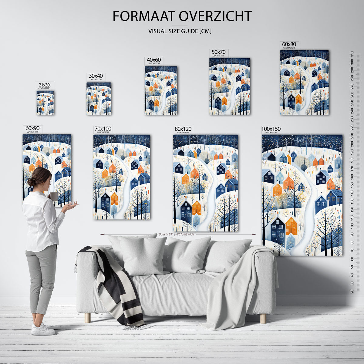 Winterdorp met kleurrijke huizen – staande muurposter voor kerst