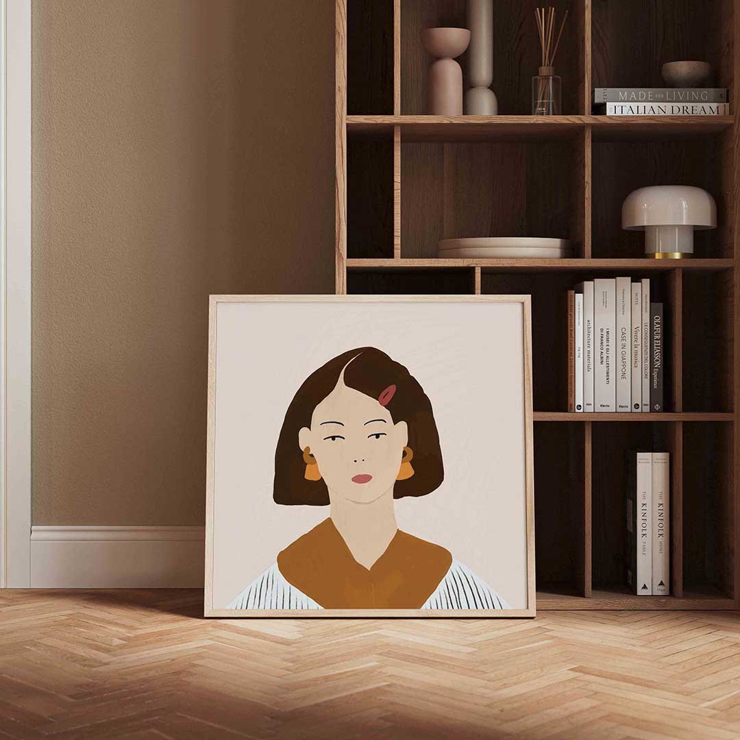 Vrouwelijk portret – kleurrijke vierkante wanddecoratie van WallArtistic