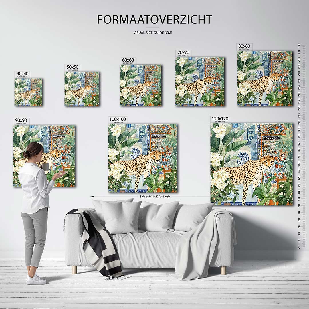 Exotische dierenwereld kunstwerk – dit werk toont een levendige compositie van een cheetah omringd door weelderige planten en