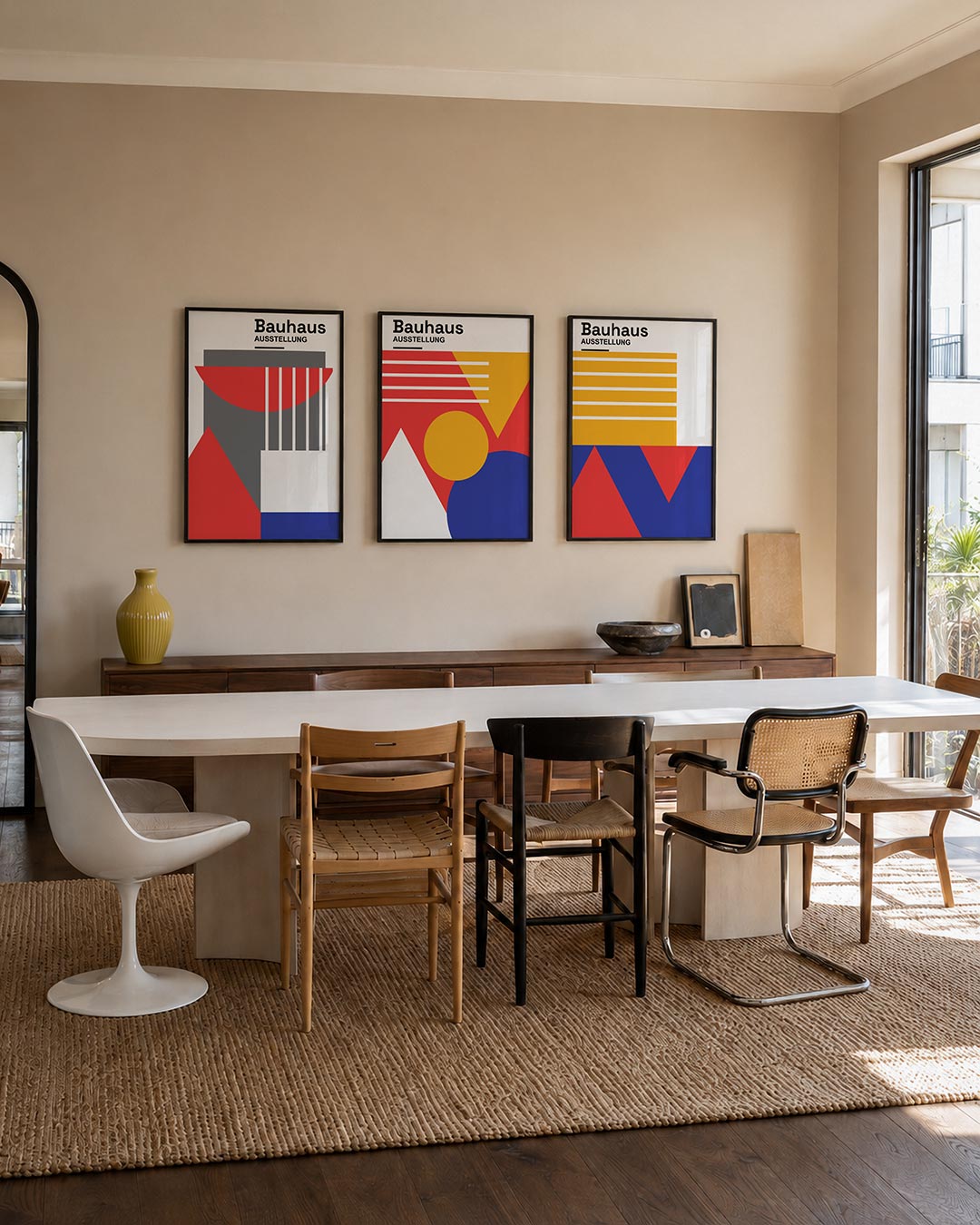 Kleur en lijnenspel driedelige posterset – deze posterset in drie delen toont een dynamisch spel van rode, grijze en blauwe