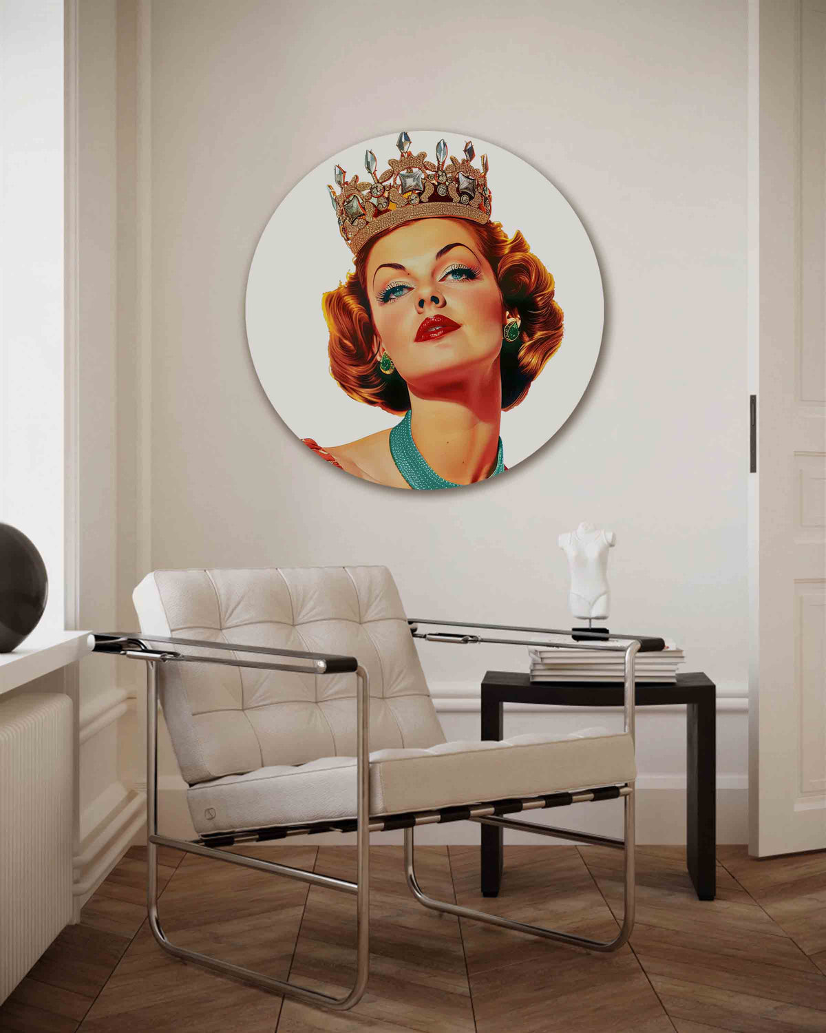 Koningin met kroon – Pop Art muurcirkel als ronde wanddecoratie