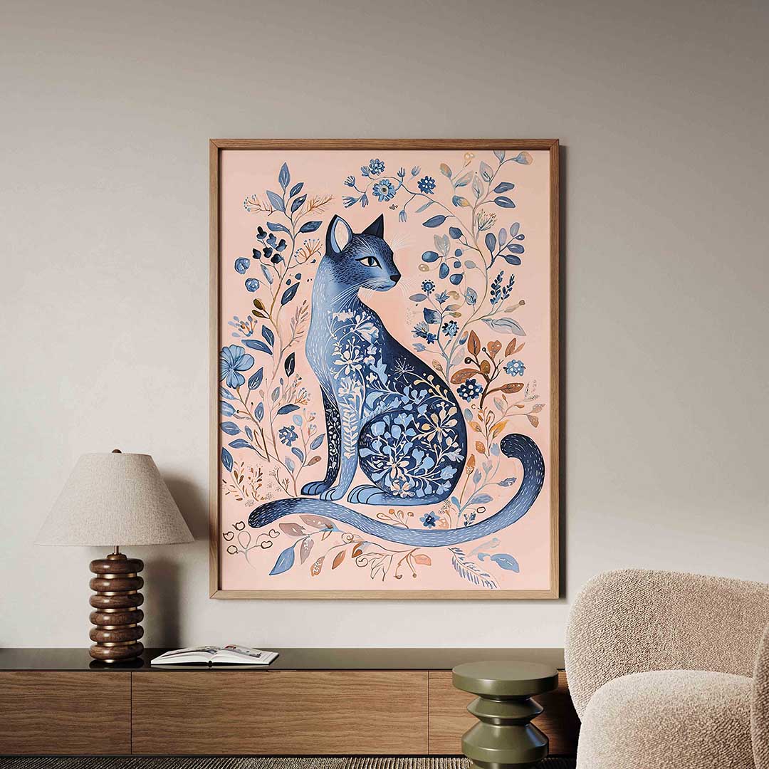 Blauwe kat met bloemen – dieren poster in staand formaat