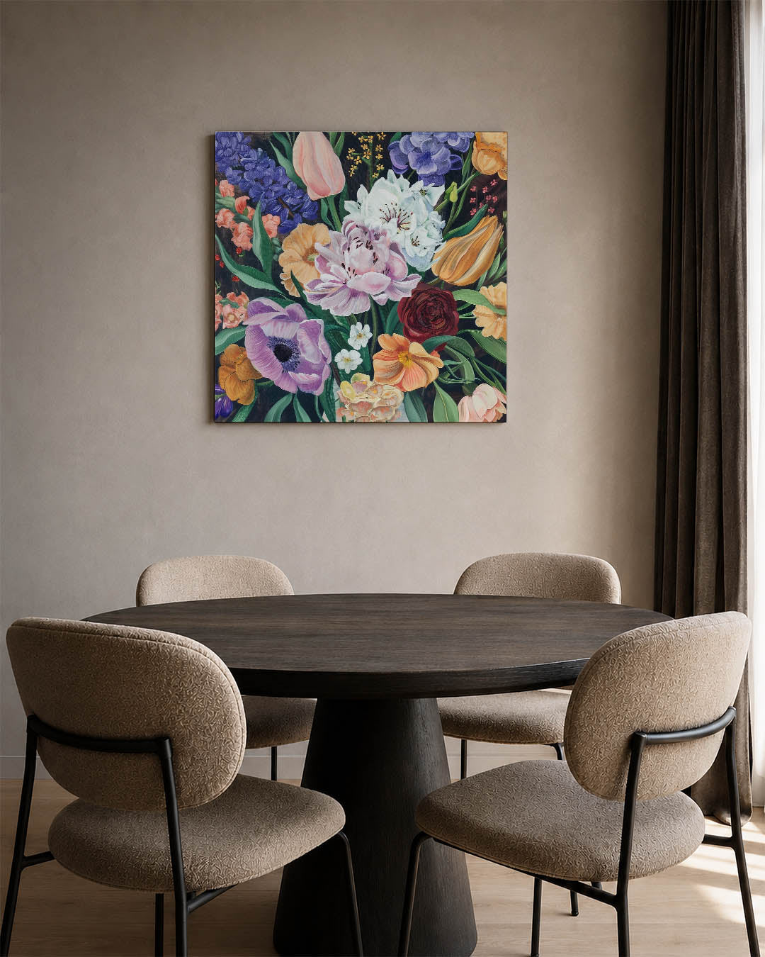 Bloemenexplosie kunstwerk – derde productweergave – dit werk toont een levendige verzameling bloemen in diverse kleuren en