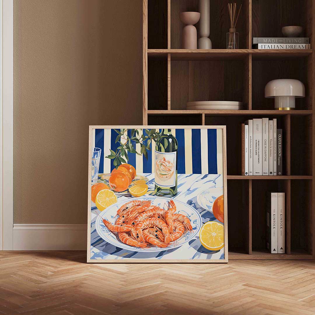 Garnalen en citrus – kleurrijke vierkante wanddecoratie van WallArtistic