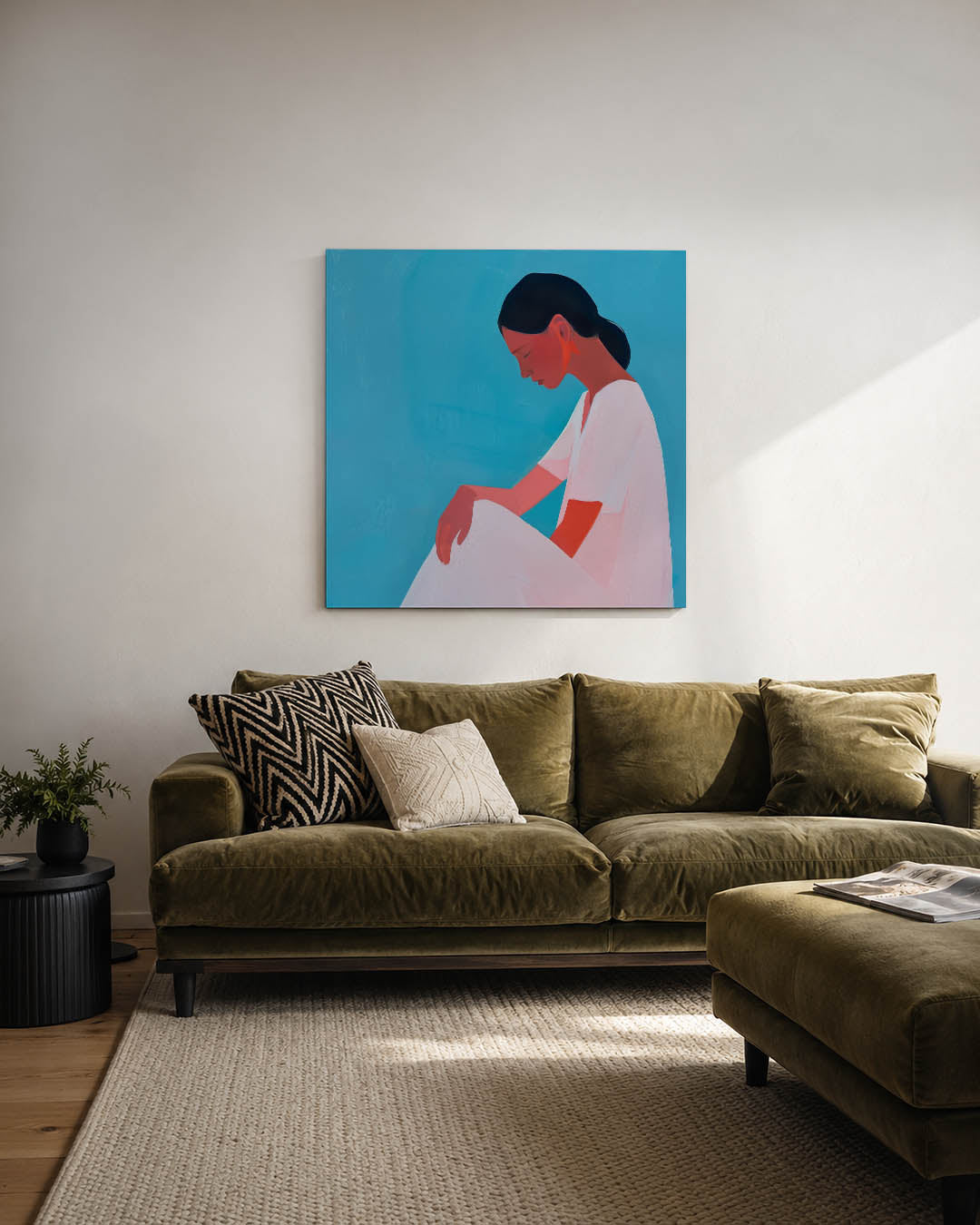 Vrouwelijke silhouet kunstwerk – derde productweergave – dit werk toont een vrouw in profiel tegen een blauwe achtergrond. De