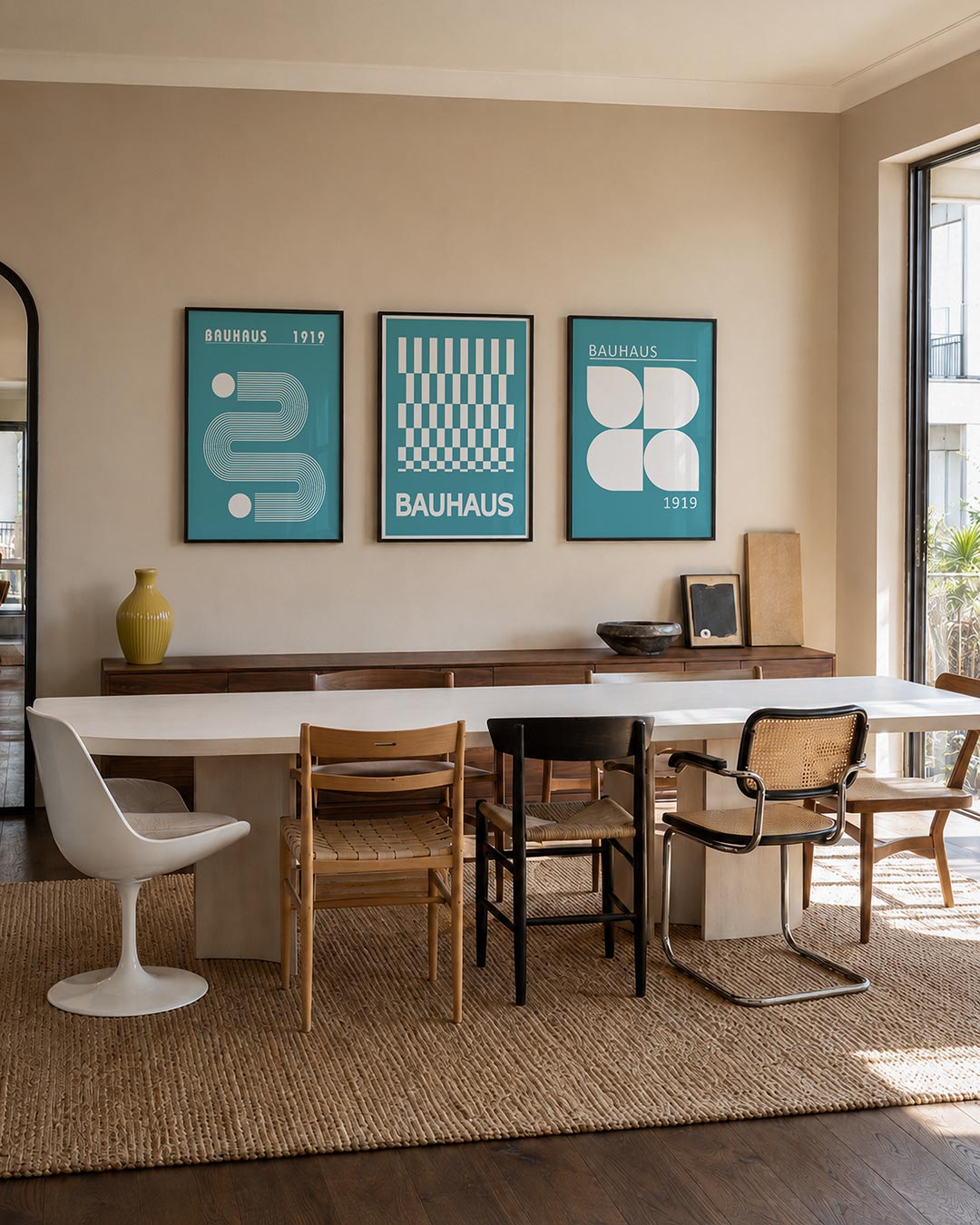 Lijnen en vormen driedelige posterset – deze poster toont een vloeiend lijnenspel met witte lijnen op een blauwe achtergrond.