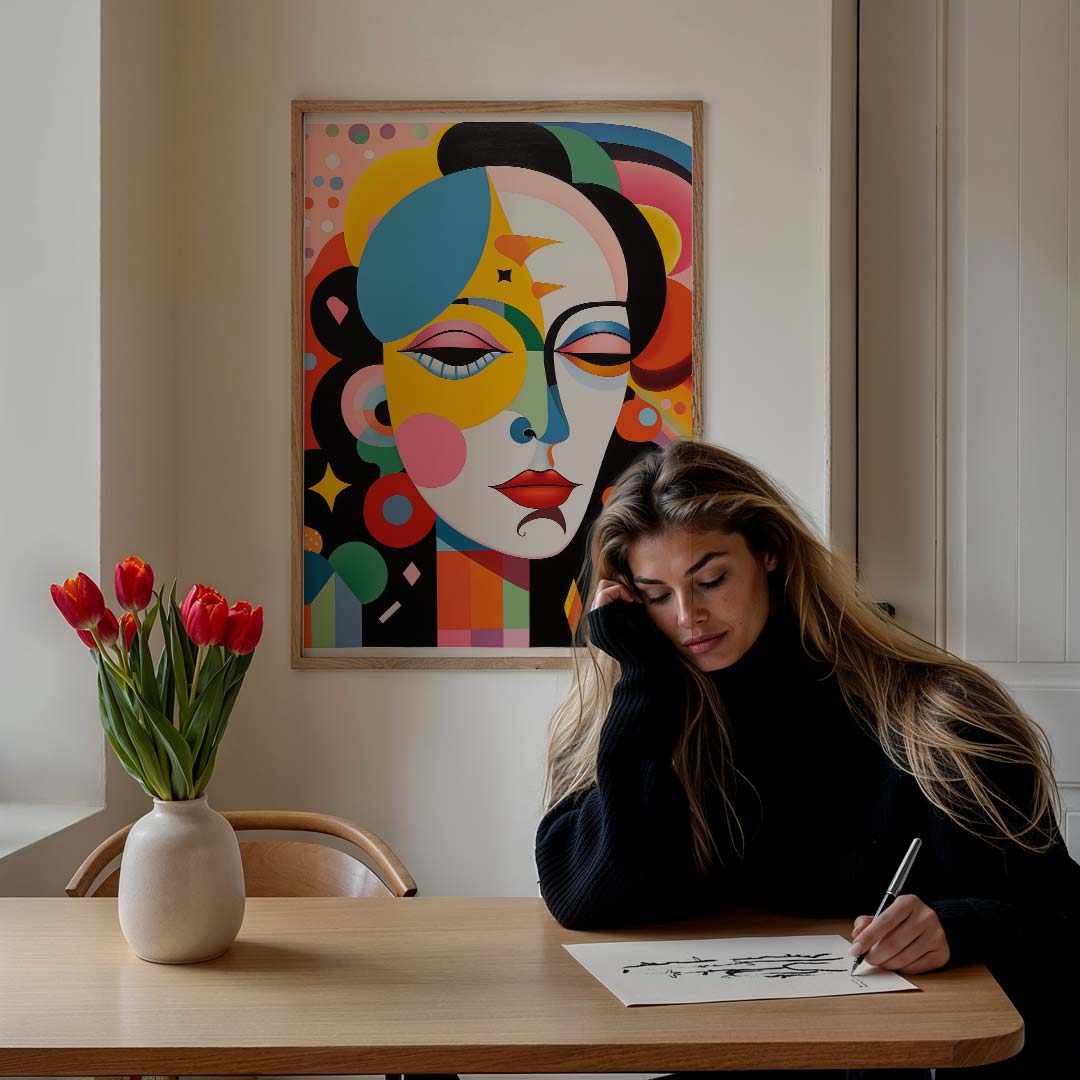 Kleurrijke Gezichtsillusie Kunstposter – staande vrouwelijke wanddecoratie van WallArtistic