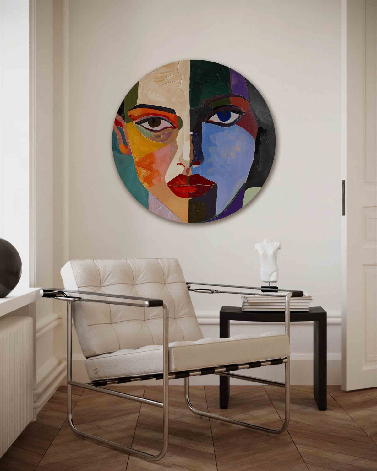 Portret in kleurvlakken – kleurrijke muurcirkel als ronde wanddecoratie