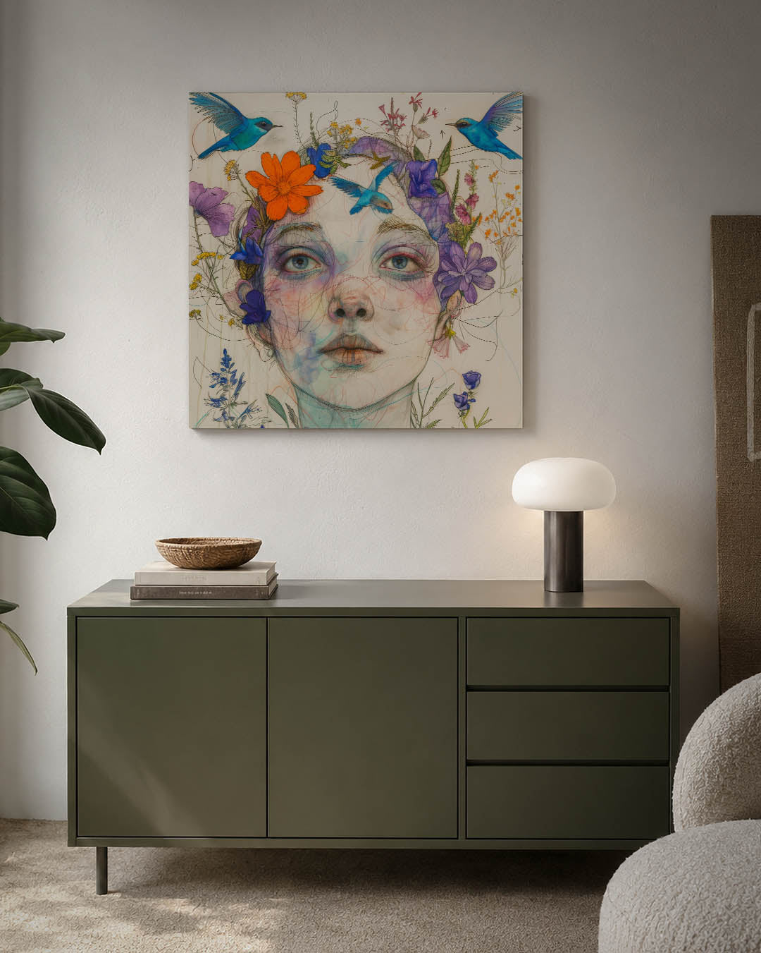 Dromerige bloemenportret kunstwerk – detailweergave – dit kunstwerk toont een vrouwelijk gezicht omringd door kleurrijke