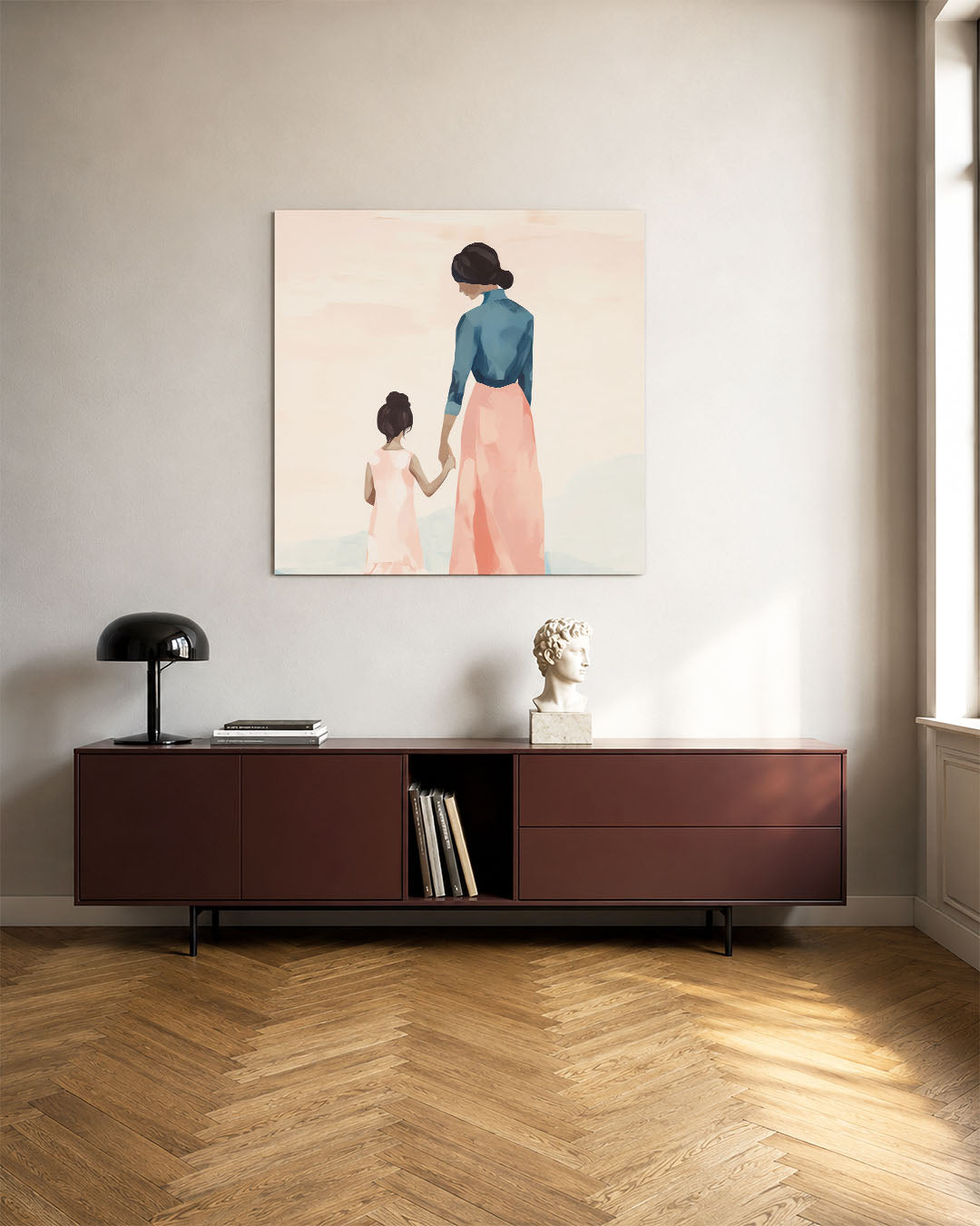 Moeder en kind kunstwerk – tweede productweergave – dit kunstwerk toont een vrouw en een kind hand in hand, met zachte
