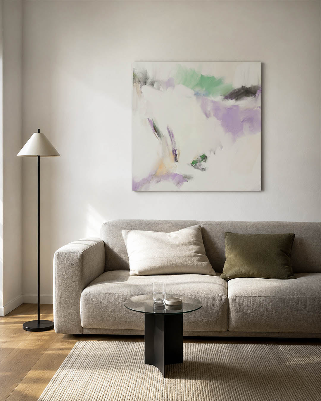 Kleurencompositie kunstwerk – vierkante wanddecoratie – dit werk toont een zachte mix van pastelkleuren met vloeiende vormen
