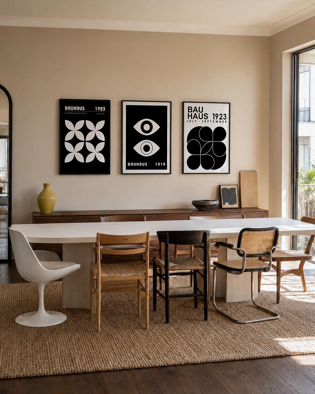 Vormenspel en contrast posterset – tweede productweergave – deze posterset in drie delen toont een ritmisch patroon van witte
