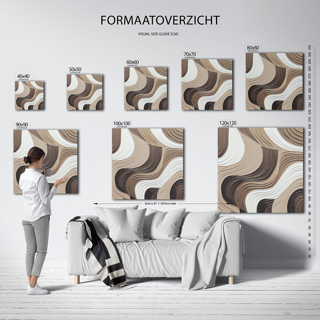 Golvende lijnen kunstwerk – materiaalweergave – dit kunstwerk toont vloeiende, golvende lijnen in beige, wit en bruin. De