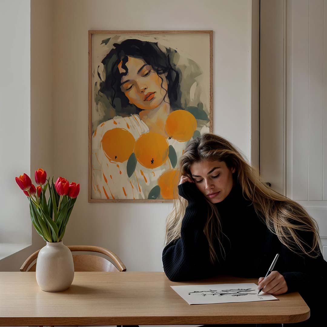 Dromerige Oranjetinten Vrouwelijke Portretposter – staande vrouwelijke wanddecoratie van WallArtistic