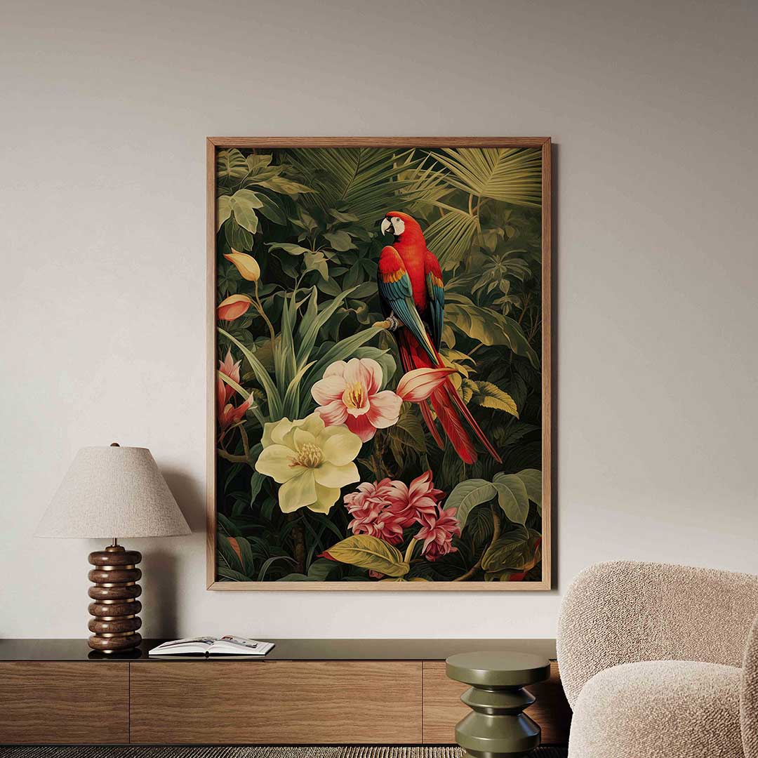 Papegaai en bloemen – tropische jungle poster in staand formaat