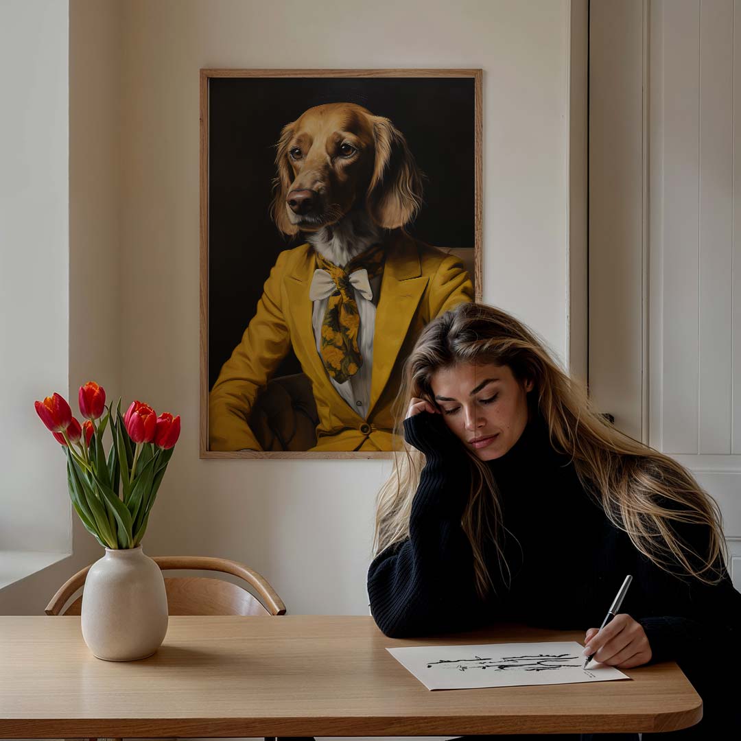 Stijlvolle Hond in Geel Kostuum – staande muurposter met dierenthema