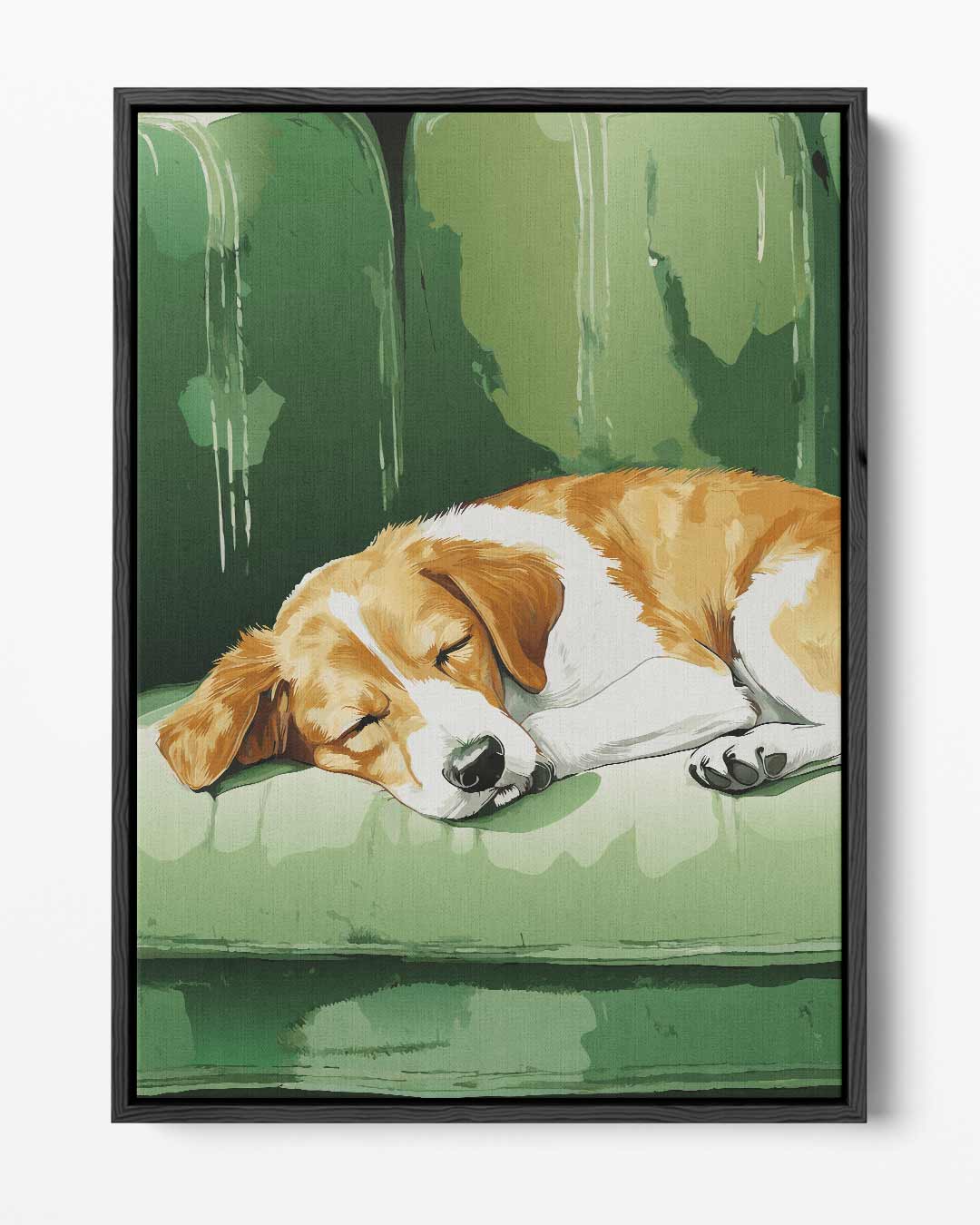 Slapende Beagle op Groene Bank – portret kunstwerk als wanddecoratie