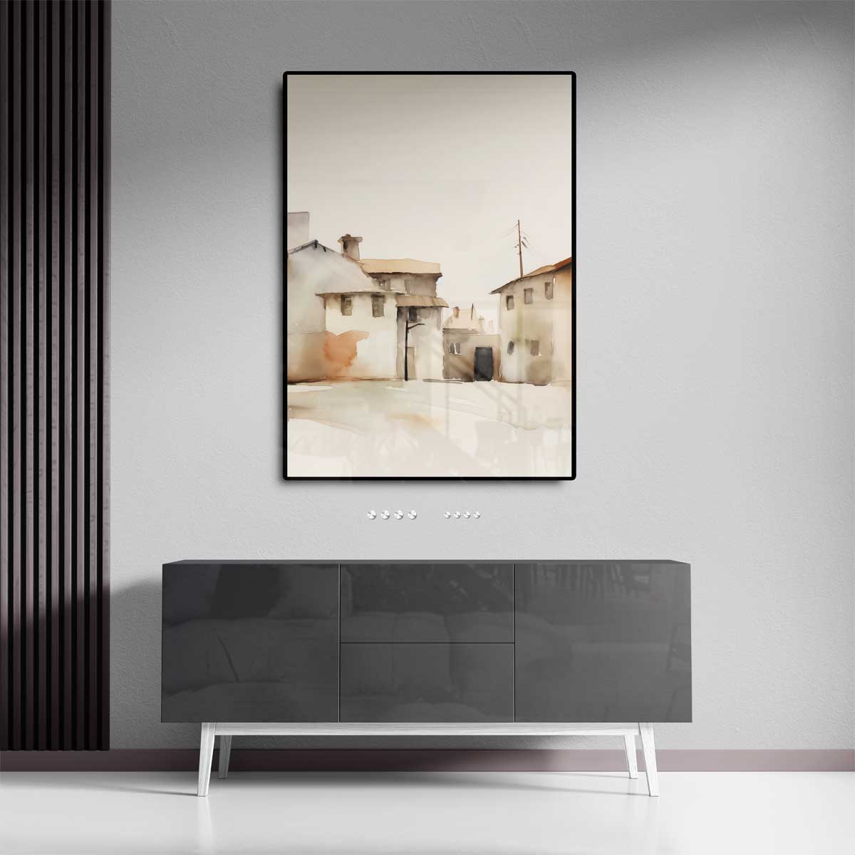 Zonnige Dorpsstraat in Aquarel – canvas kunstwerk als wanddecoratie
