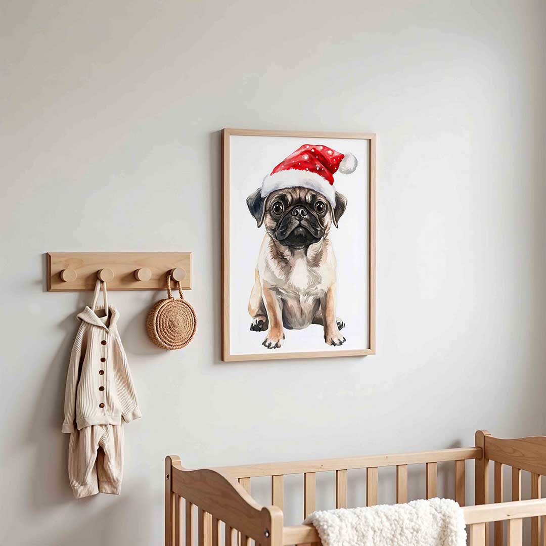 Mopshond met kerstmuts – kinderposter in staand formaat