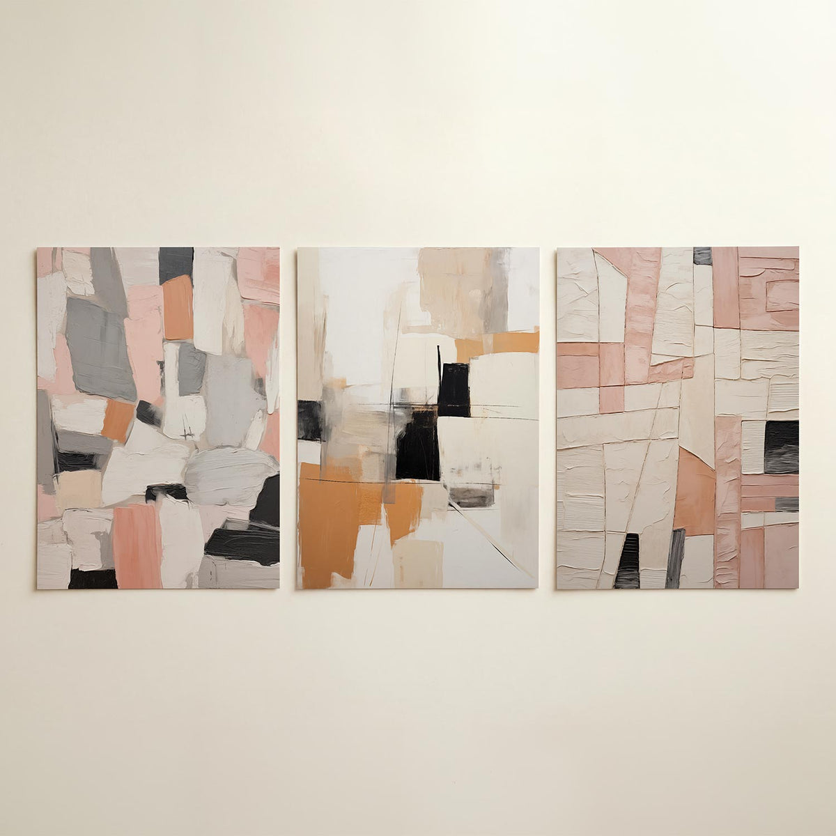 Vorm en kleurvlakken driedelige posterset in tweede interieur