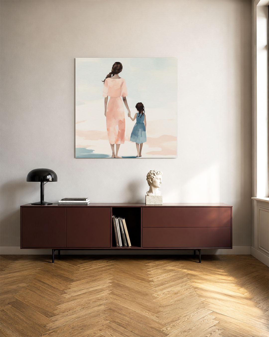 Moeder en kind kunstwerk – tweede productweergave – dit kunstwerk toont een vrouw en een kind hand in hand, met zachte