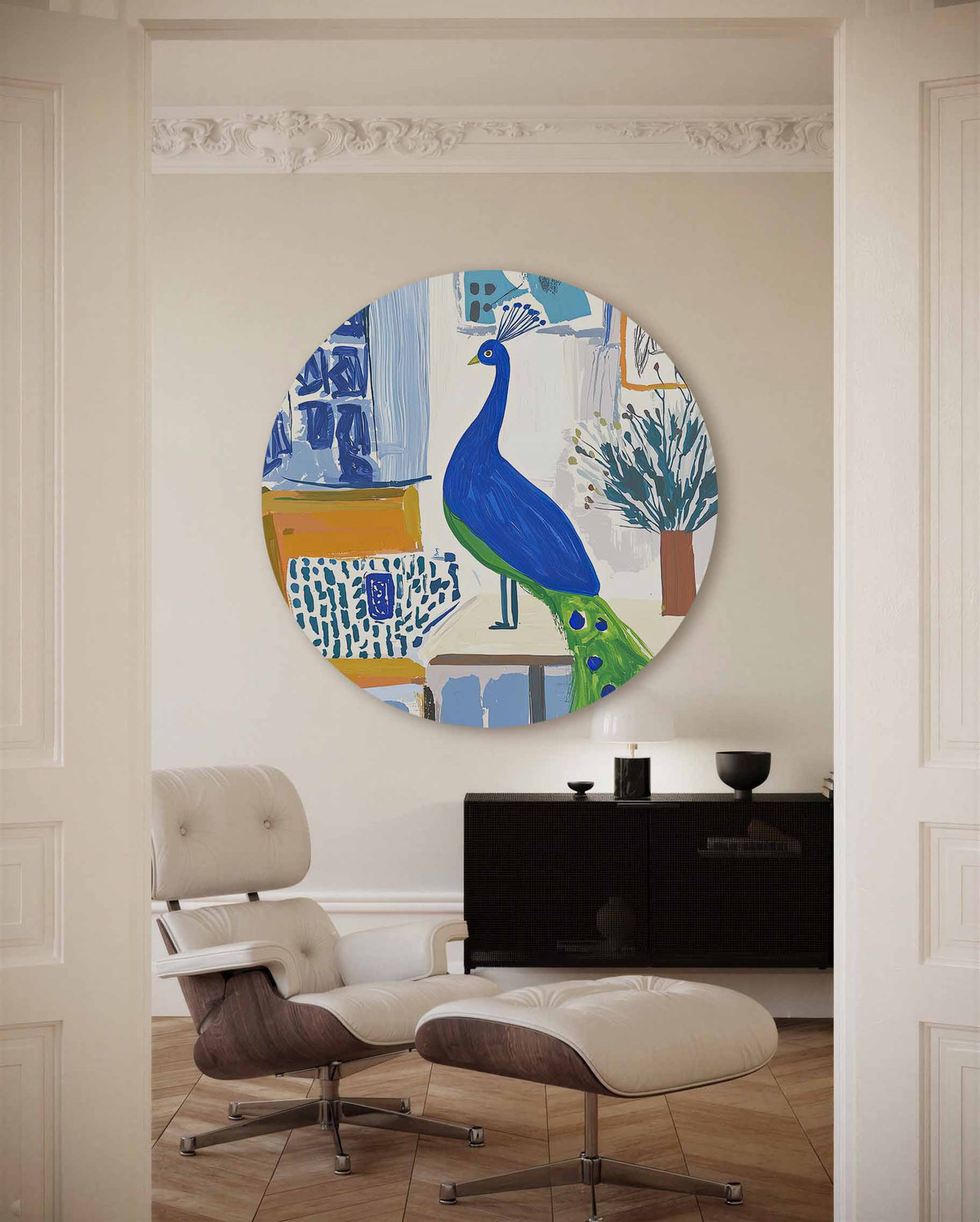 Pauw met blauwe veren – illustratie muurcirkel als ronde muurdecoratie