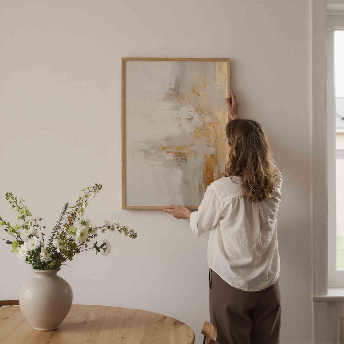 Goud en wit abstracte – botanische wandkunst als portret poster