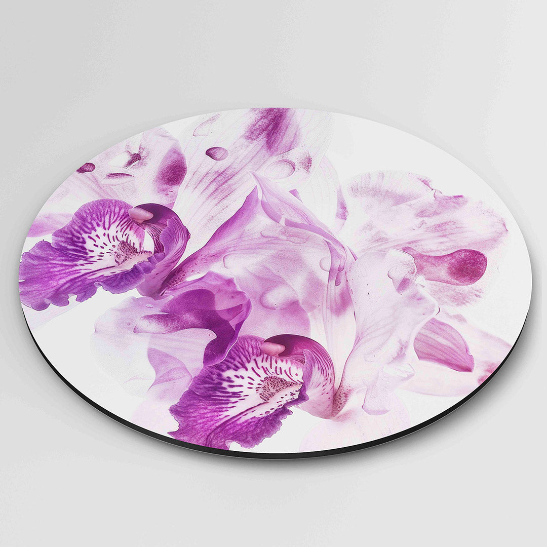 Paarse orchideeën – kleurrijke ronde wanddecoratie van WallArtistic