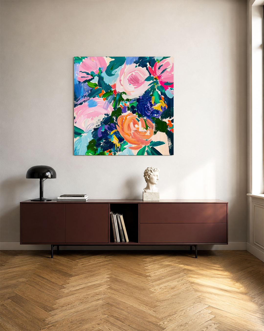 Kleurrijke bloemexplosie kunstwerk – tweede productweergave – dit werk toont een levendige compositie van kleurrijke bloemen.