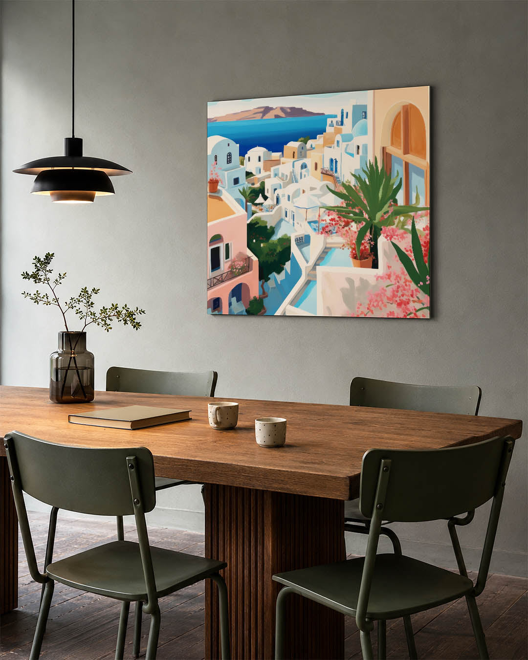 Mediterraans dorp kunstwerk – tweede productweergave – dit kunstwerk toont een zonnig dorp met witte gebouwen en blauwe