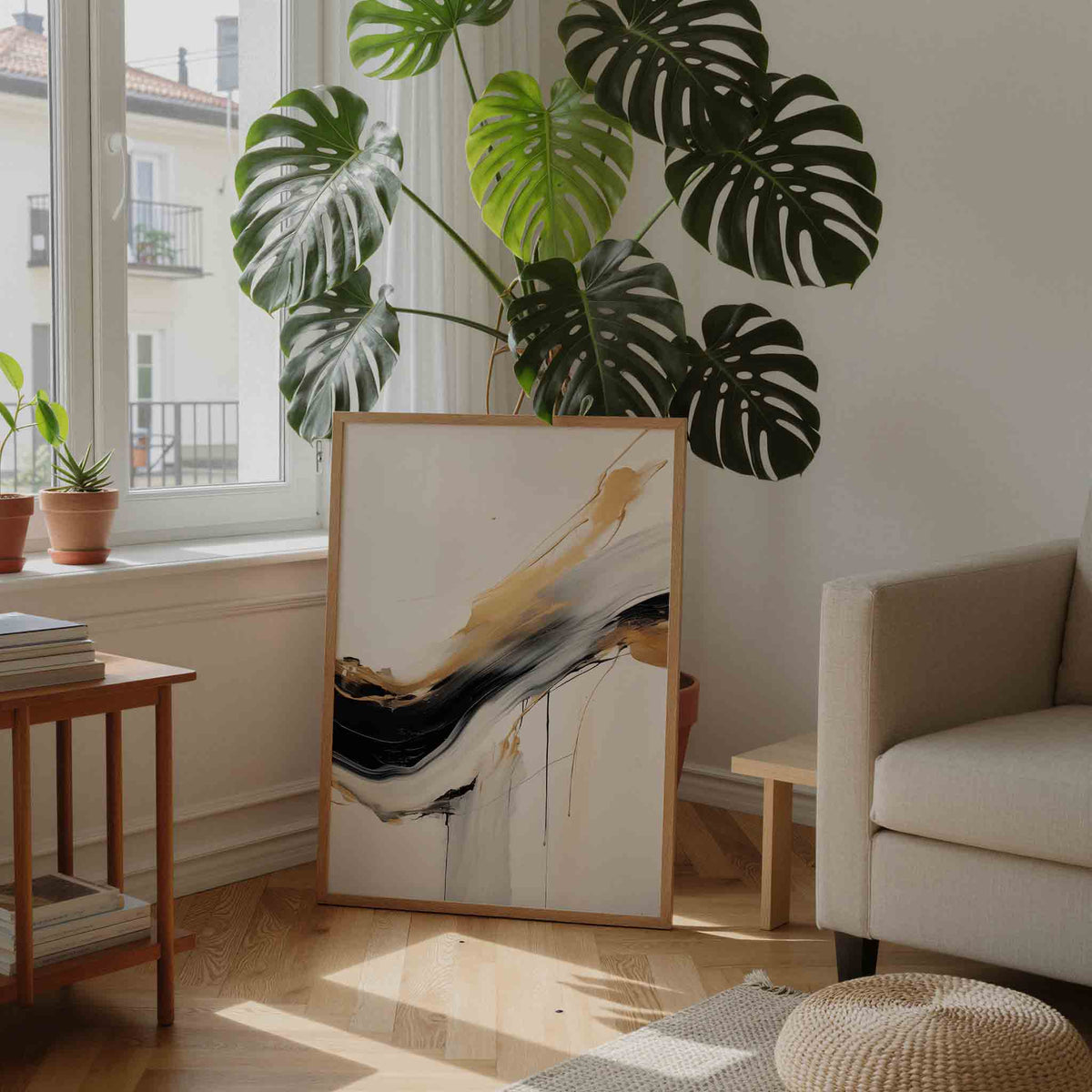 Gouden en zwarte stroom – staande botanische wanddecoratie van WallArtistic