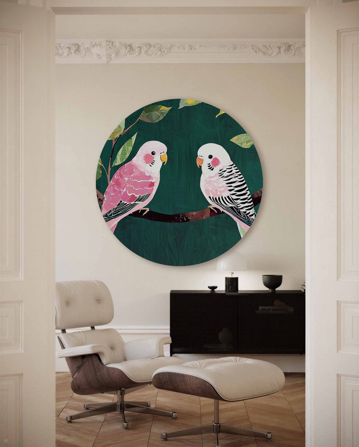 Papegaaien op tak – illustratie muurcirkel als ronde muurdecoratie