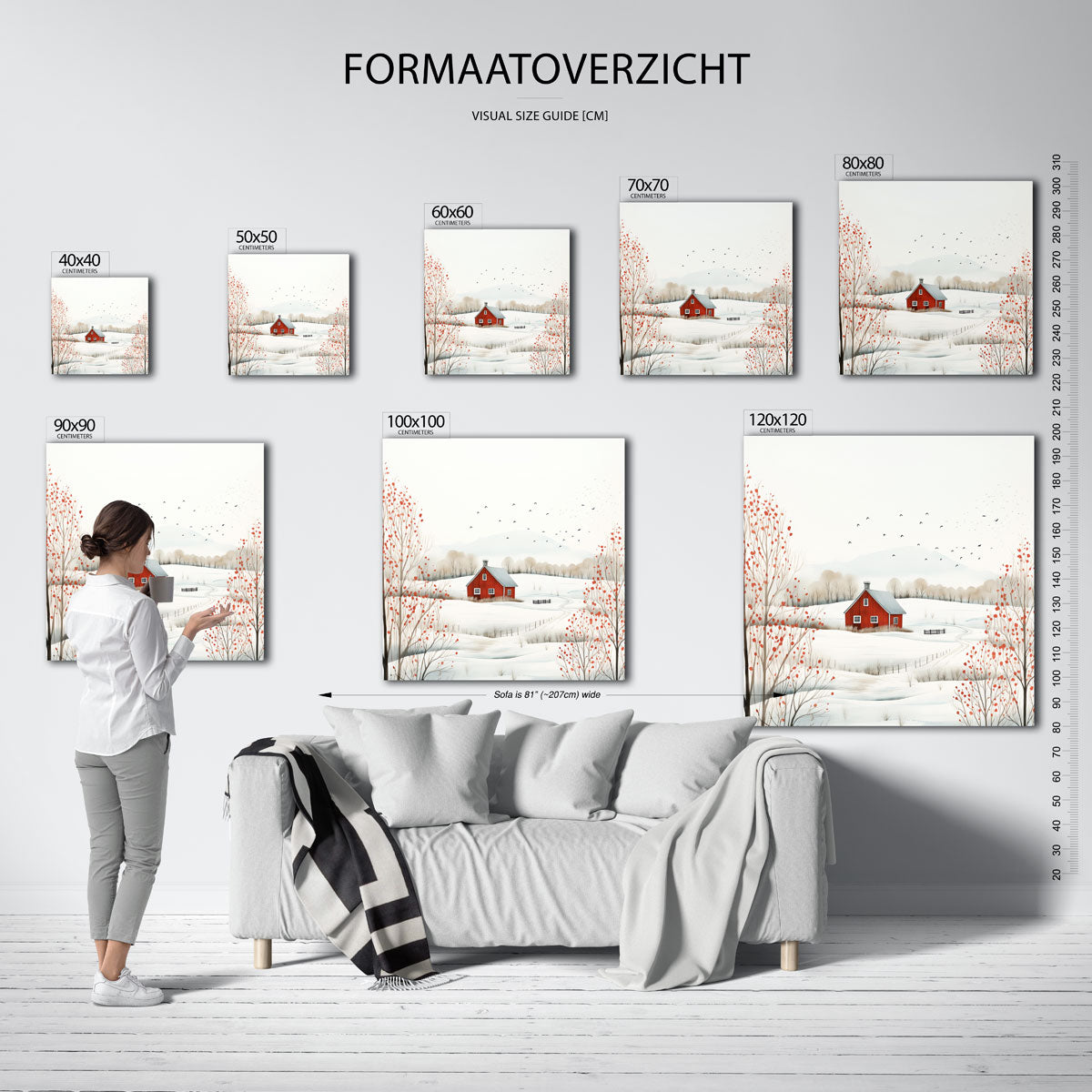 Landschap met rode schuur – vierkante muurposter voor kerst
