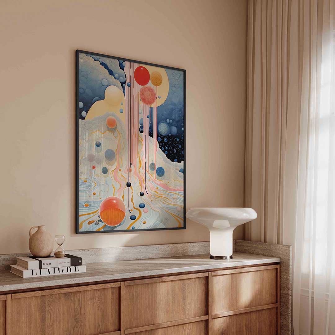 Abstracte bollen en lijnen – surreal poster in staand formaat