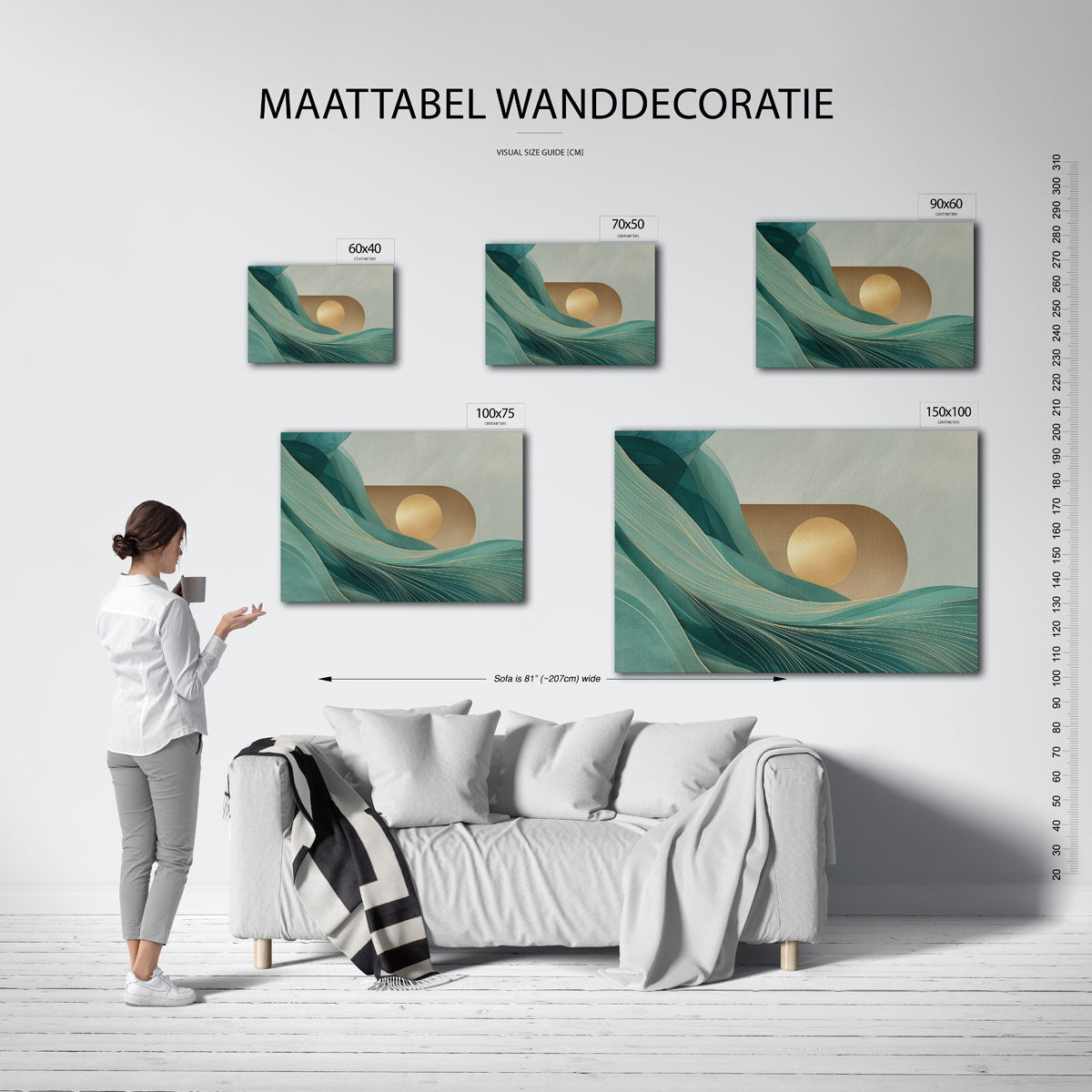Golvende lijnen en cirkel – moderne liggende wandkunst