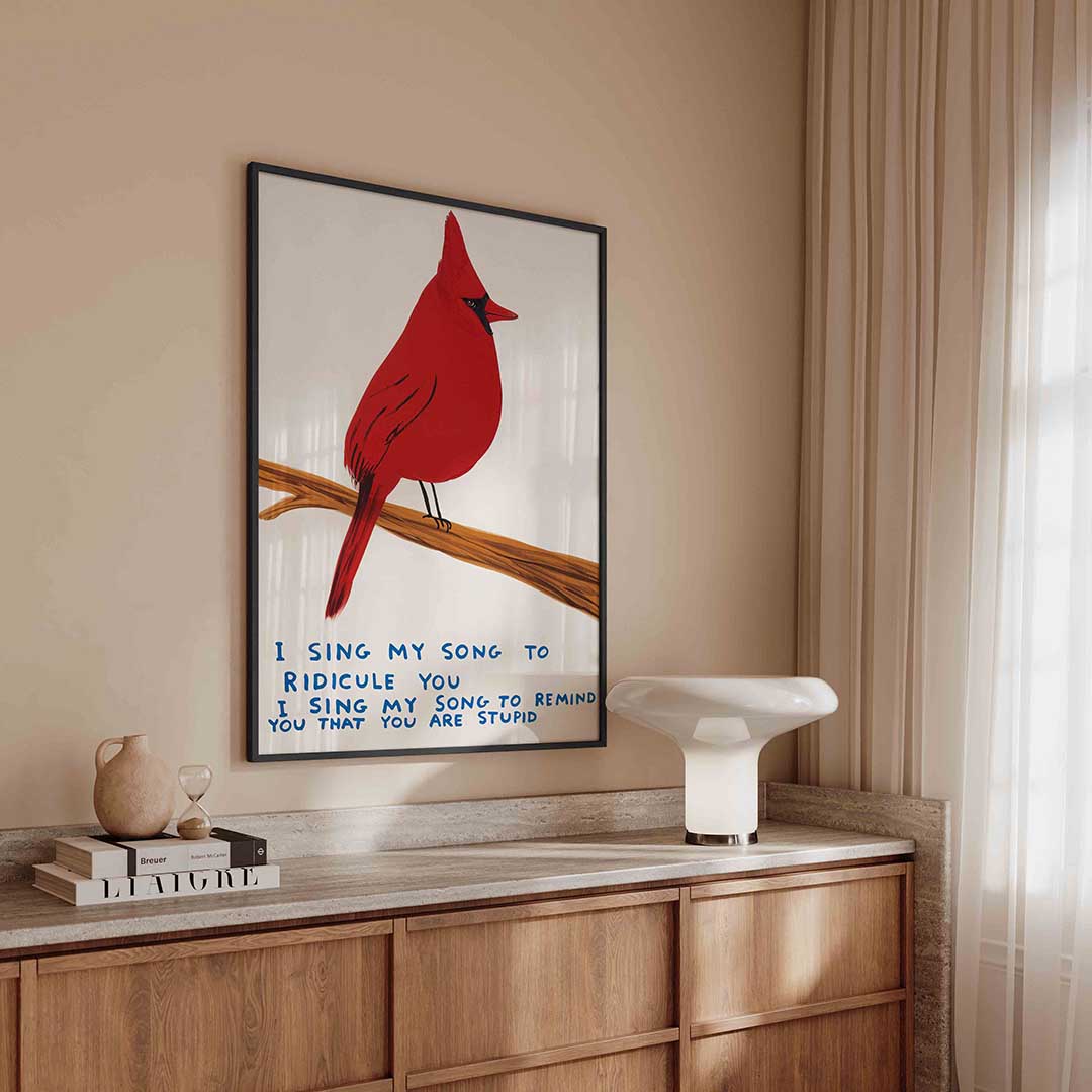 Rode vogel op tak – urban poster in staand formaat
