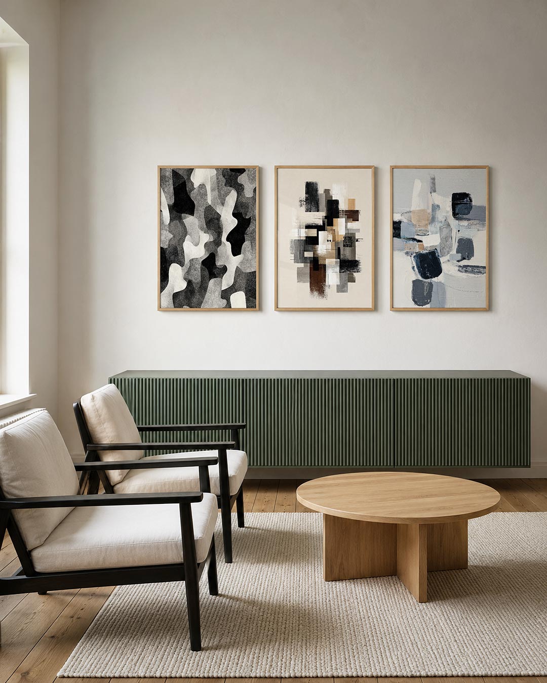 Vorm en schaduw posterset – derde productweergave – deze posterset in drie delen toont vloeiende vormen in