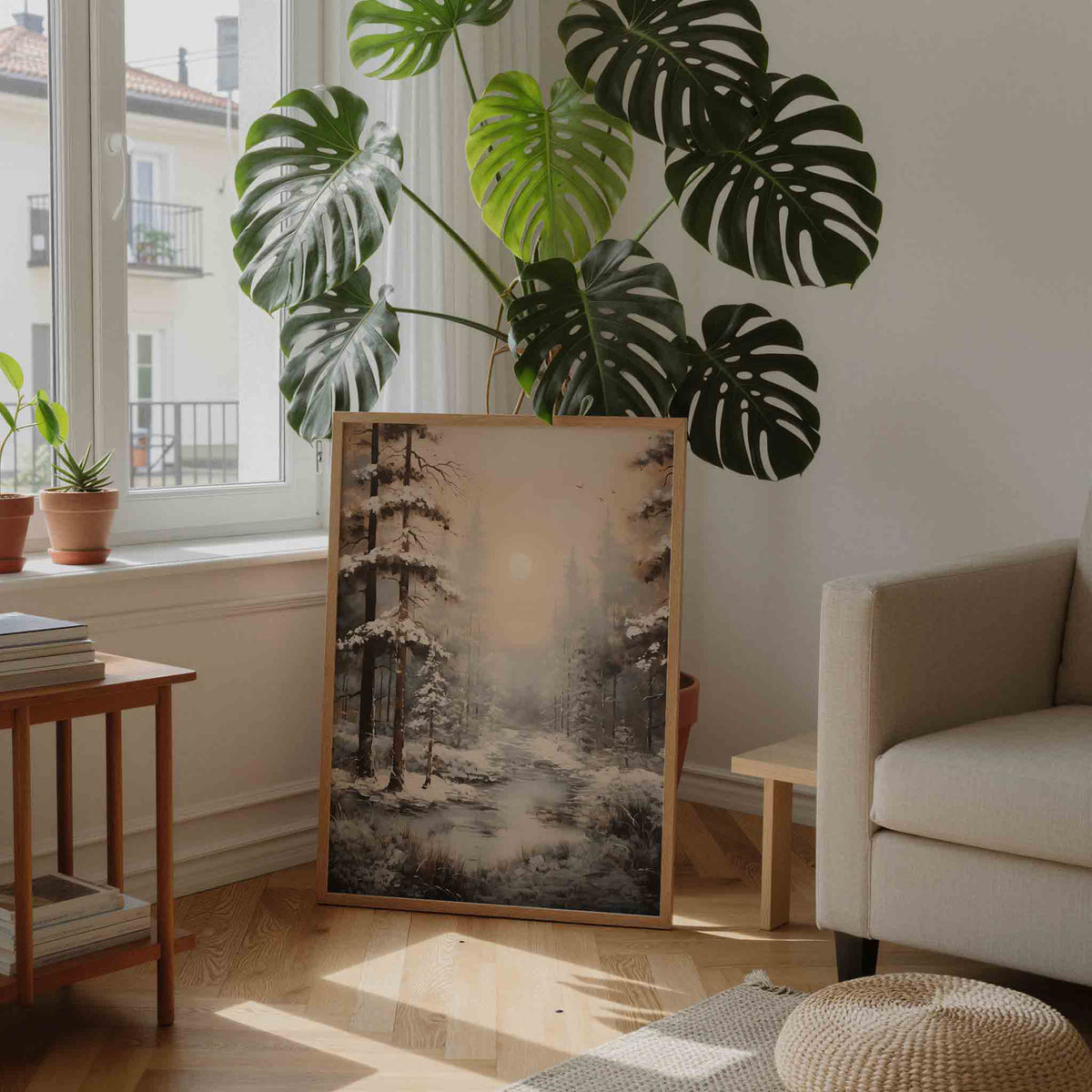 Sneeuwlandschap met bomen – staande botanische wanddecoratie van WallArtistic