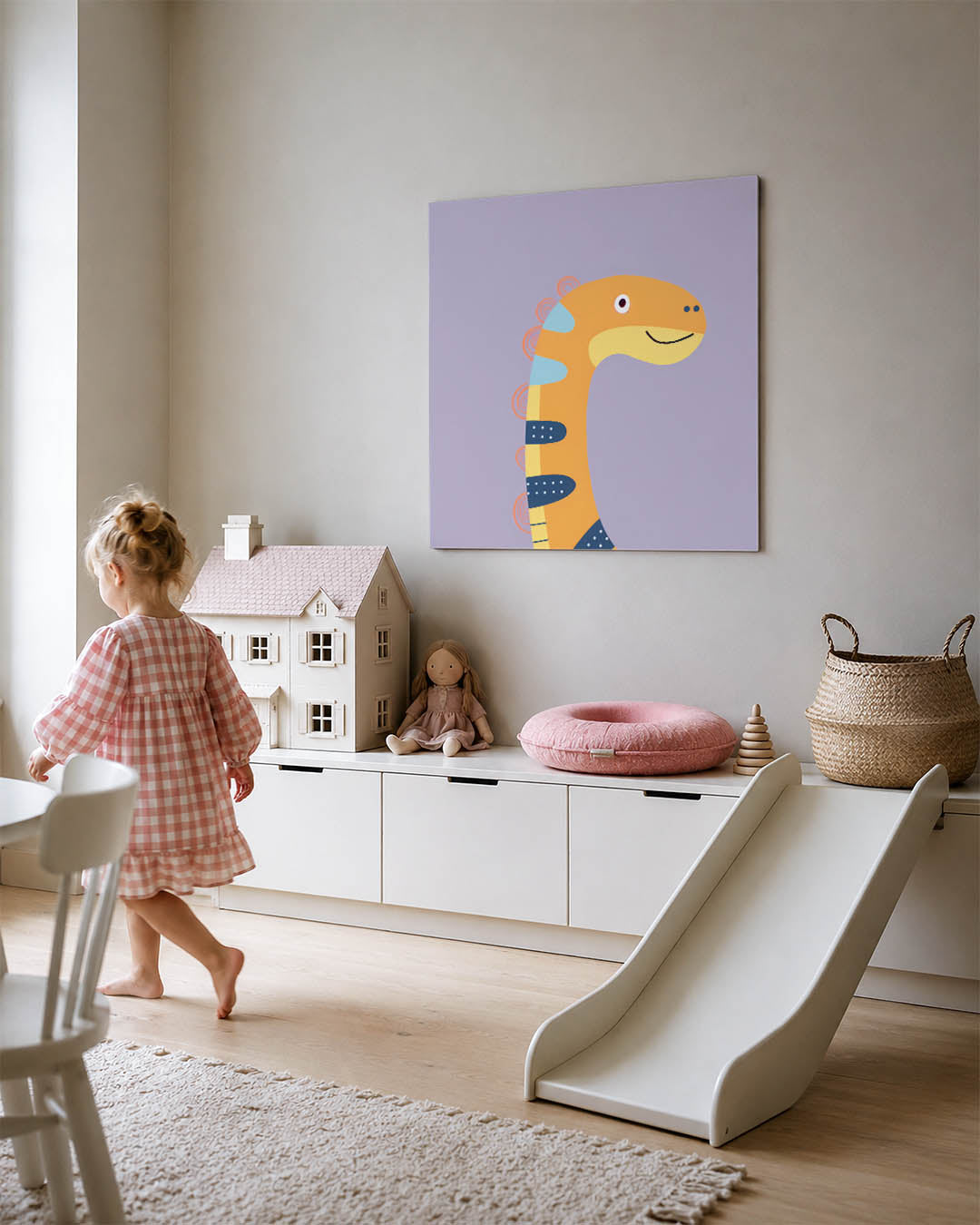 Speelse dinosaurus illustratie kunstwerk – tweede productweergave – dit werk toont een vrolijke dinosaurus met een oranje