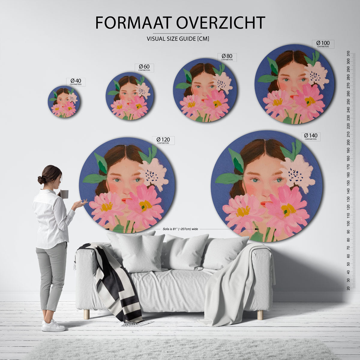 Bloemen en gezicht – kleurrijke wandkunst als muurcirkel