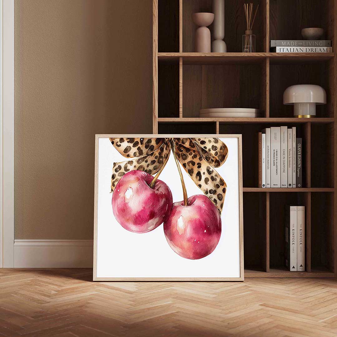 Kersen met strik – kleurrijke Pop Art poster in vierkant formaat