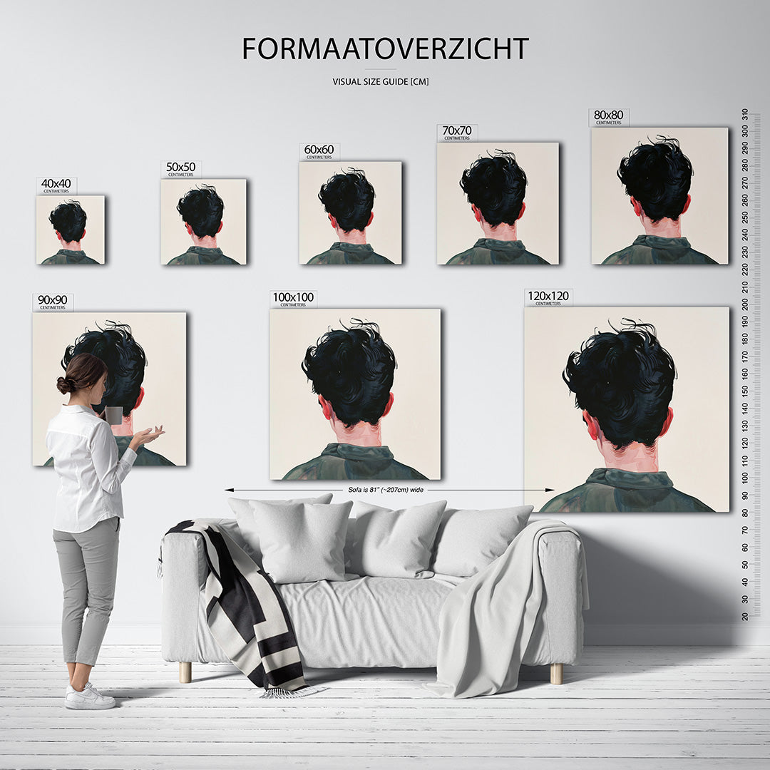 Achterkant portret kunstwerk – materiaalweergave – dit werk toont de achterkant van een persoon met donker haar en een groene