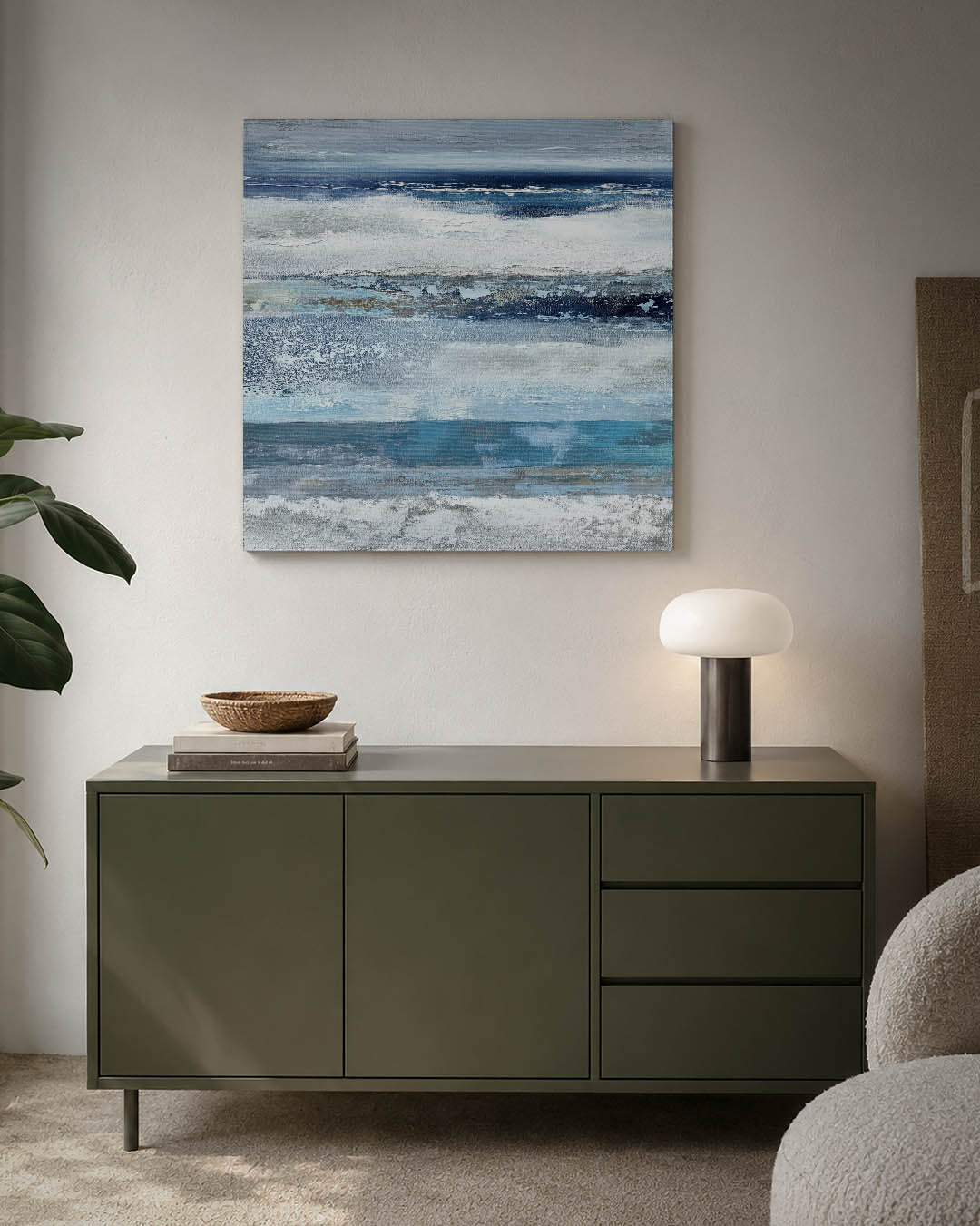 Horizontale kleurenlagen kunstwerk – detailweergave – dit werk toont horizontale lagen in verschillende tinten blauw en wit