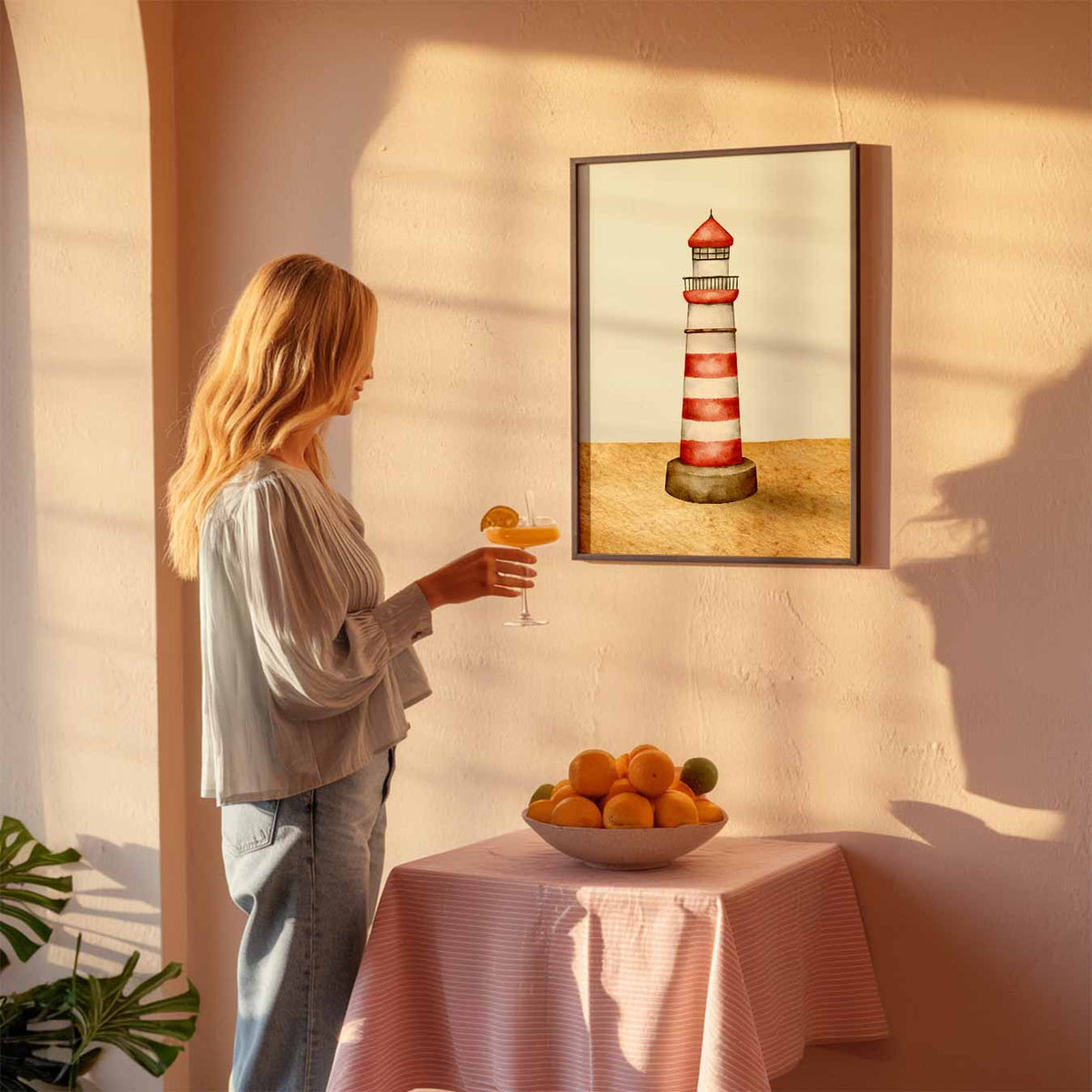 Vuurtoren Rood-Wit – zeedierenposter als moderne staande wanddecoratie