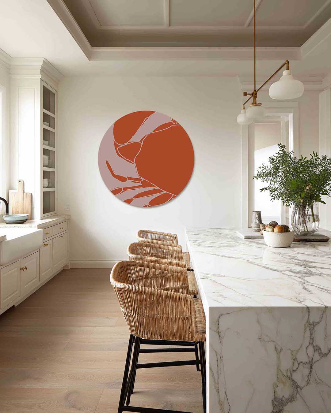 Oranje krab – abstracte muurcirkel als ronde wanddecoratie